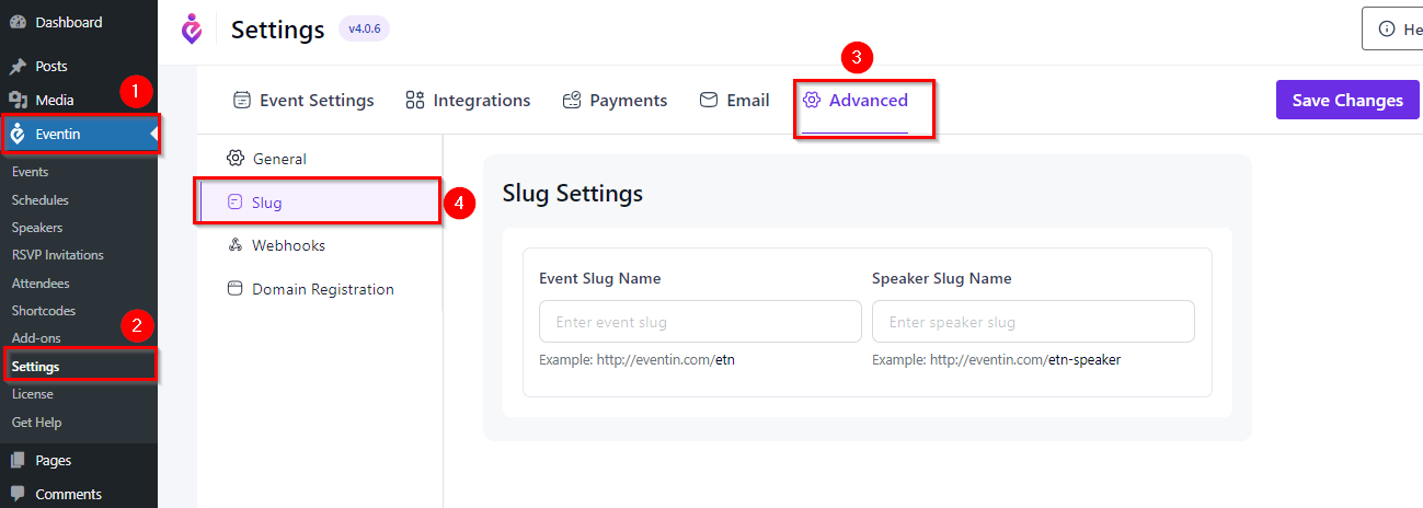 eventin event slug change setting