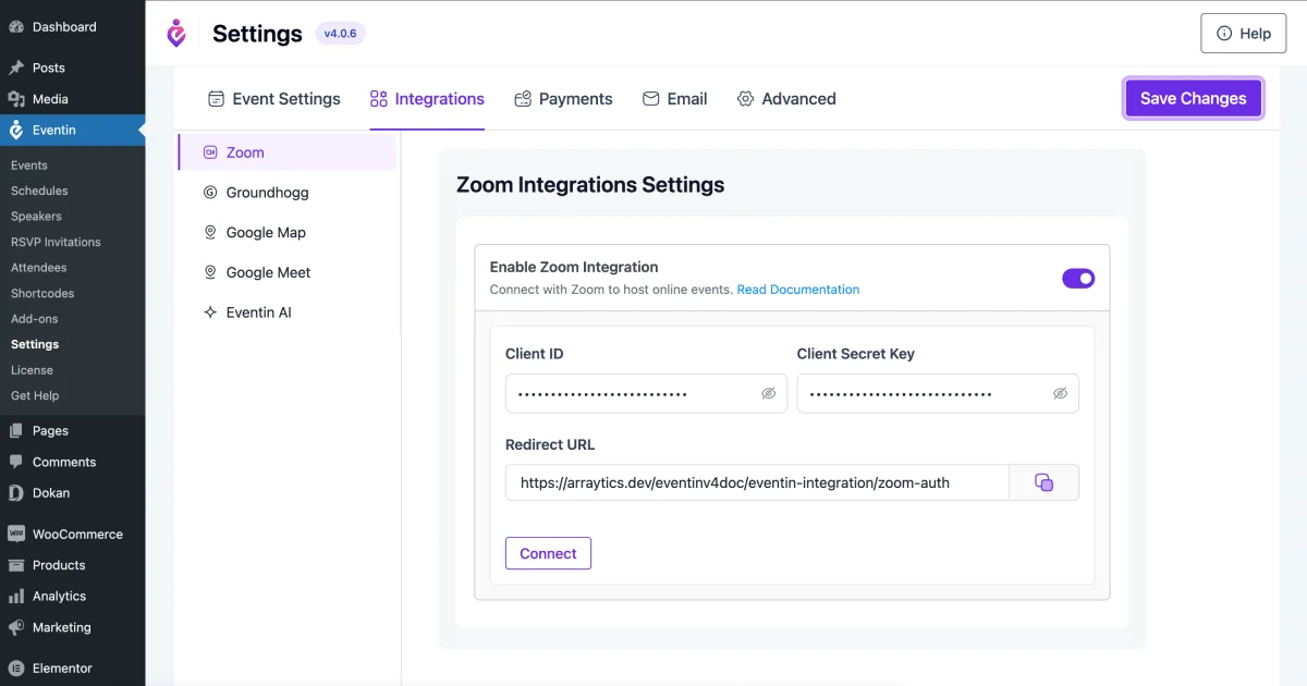 zoom integration with eventin event manager