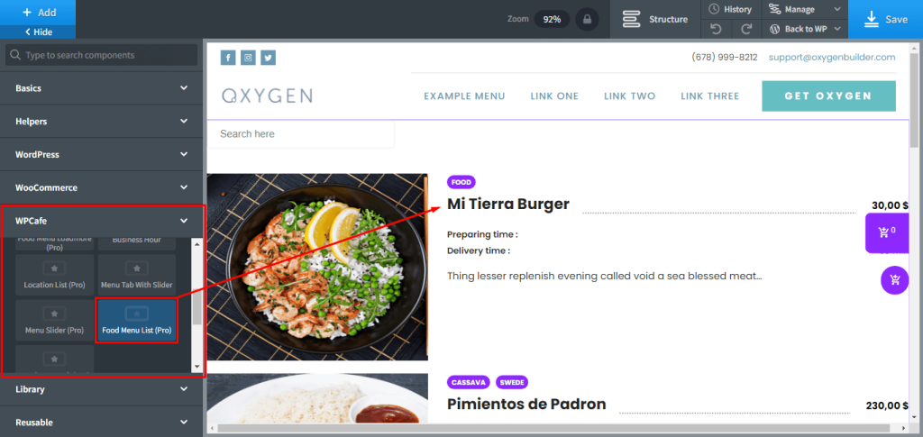 wpcafe oxygen Food menu list pro