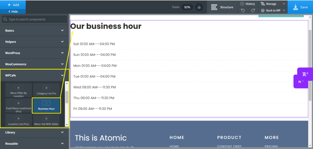 wpcafe Oxygen buisness hour pro