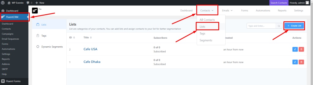 FluentCRM step 1 create list
