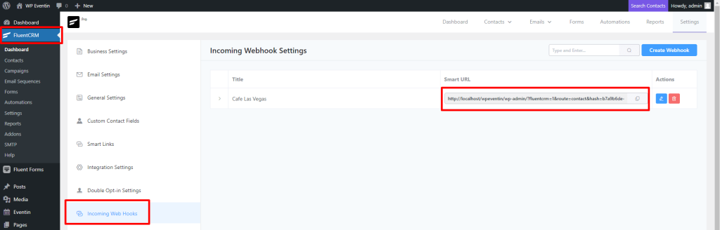 FluentCRM step 4 copy webhook