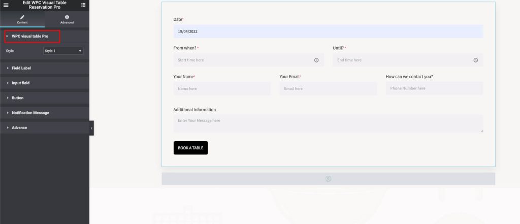 cafe visual table reservation Elementor Widget