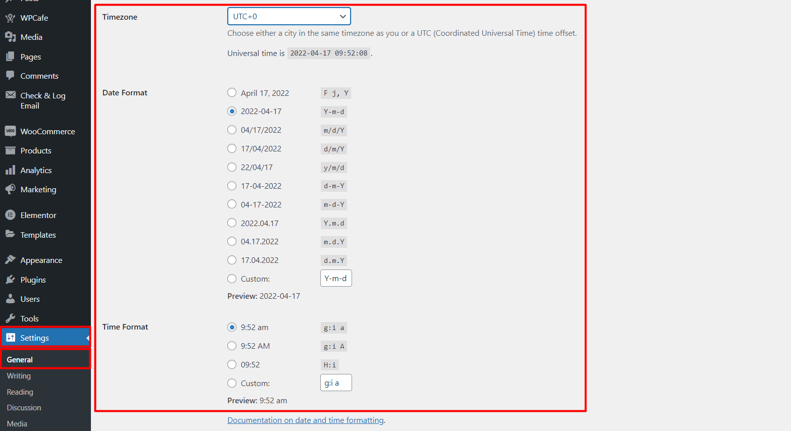 General Settings for Date and Time