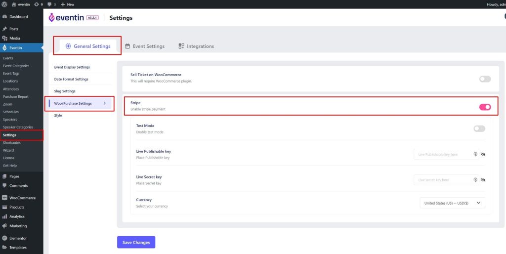 Eventin Stripe Payment Integration Settings