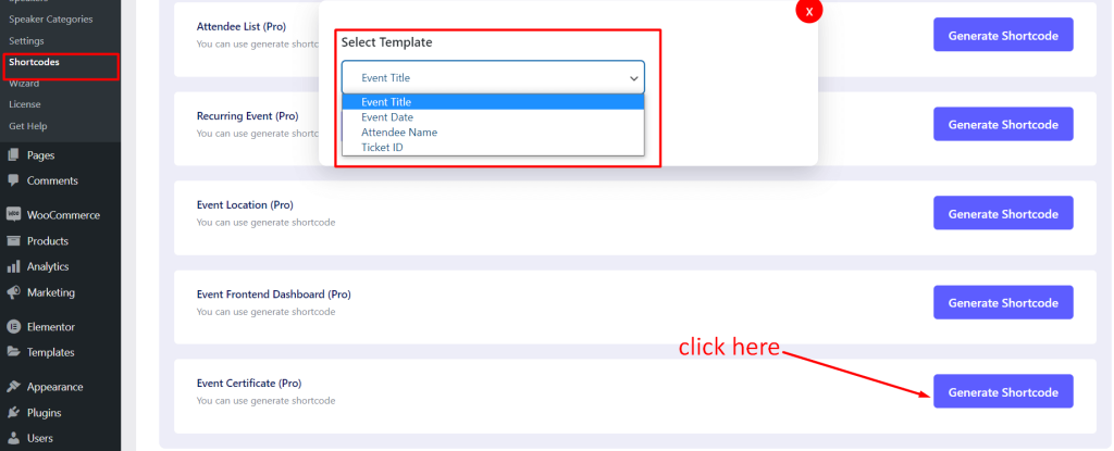 Attendee Details Short Code Selection