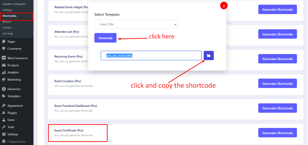 Attendee Short Code Copied