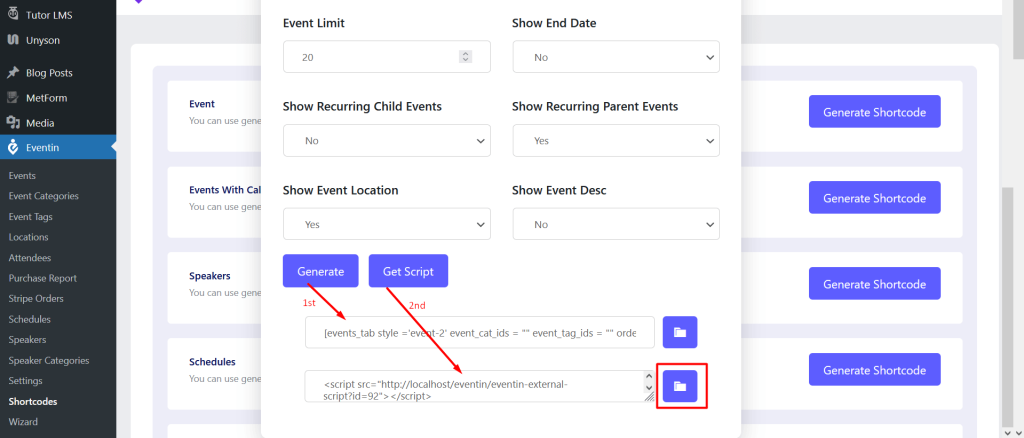 Eventin webhook shortcodes script