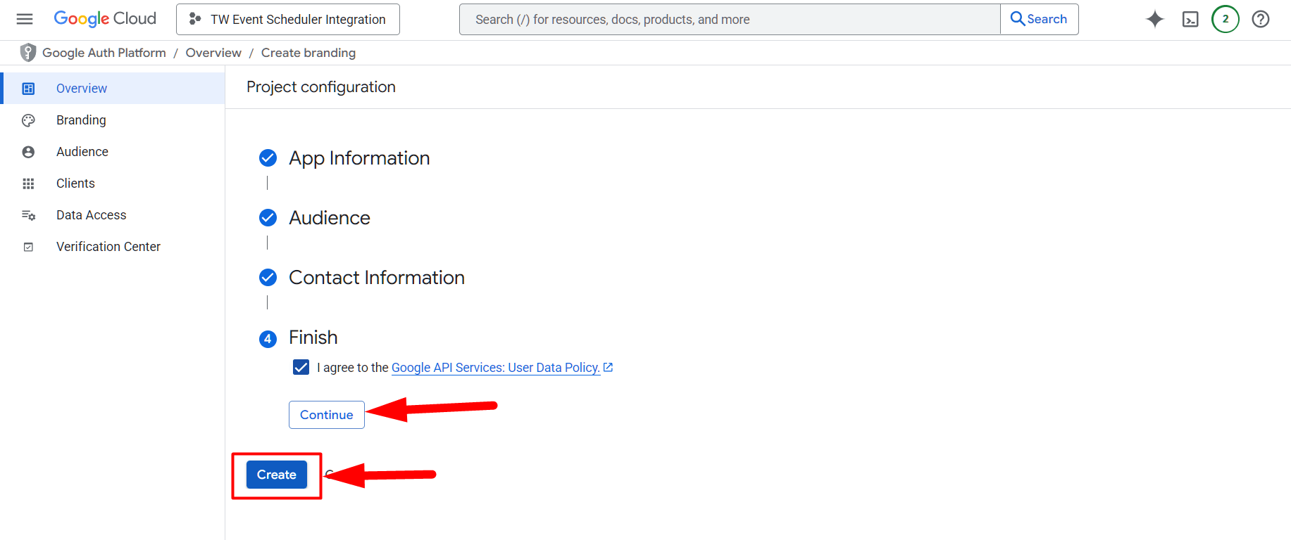 Accept Google policies to create Eventin API app for tickets and schedules