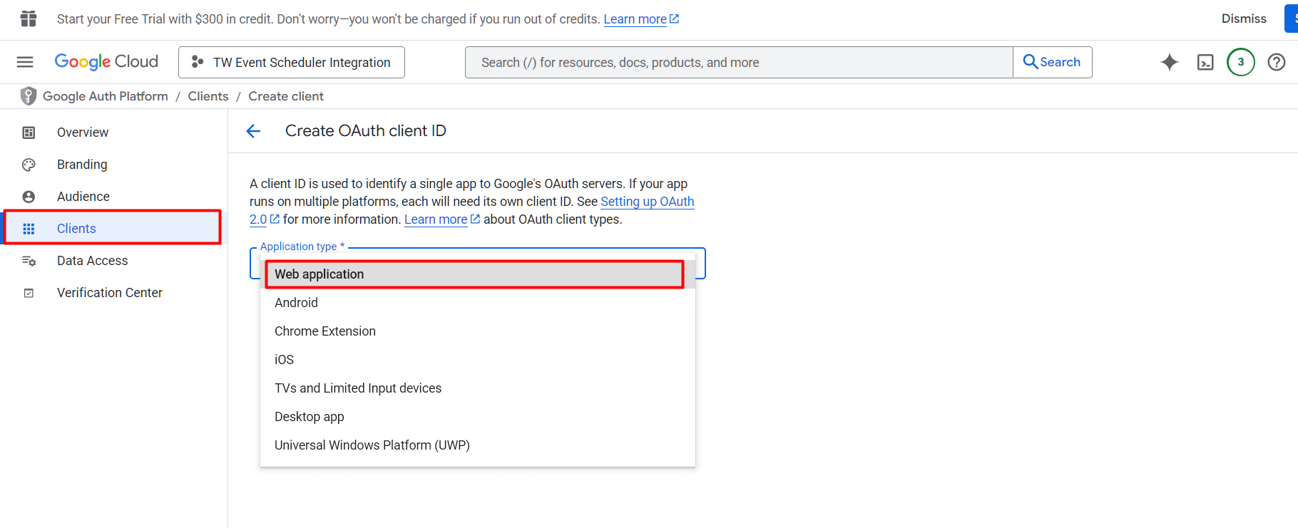 Choose web app client type for Eventin online events platform