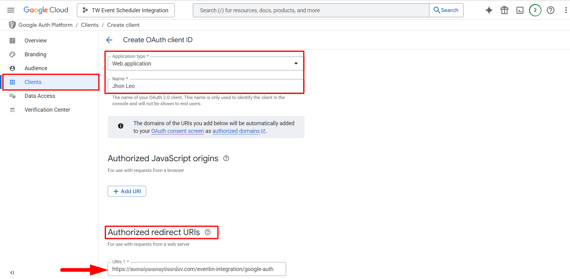 Input client name and redirect URI for Eventin ticket management app