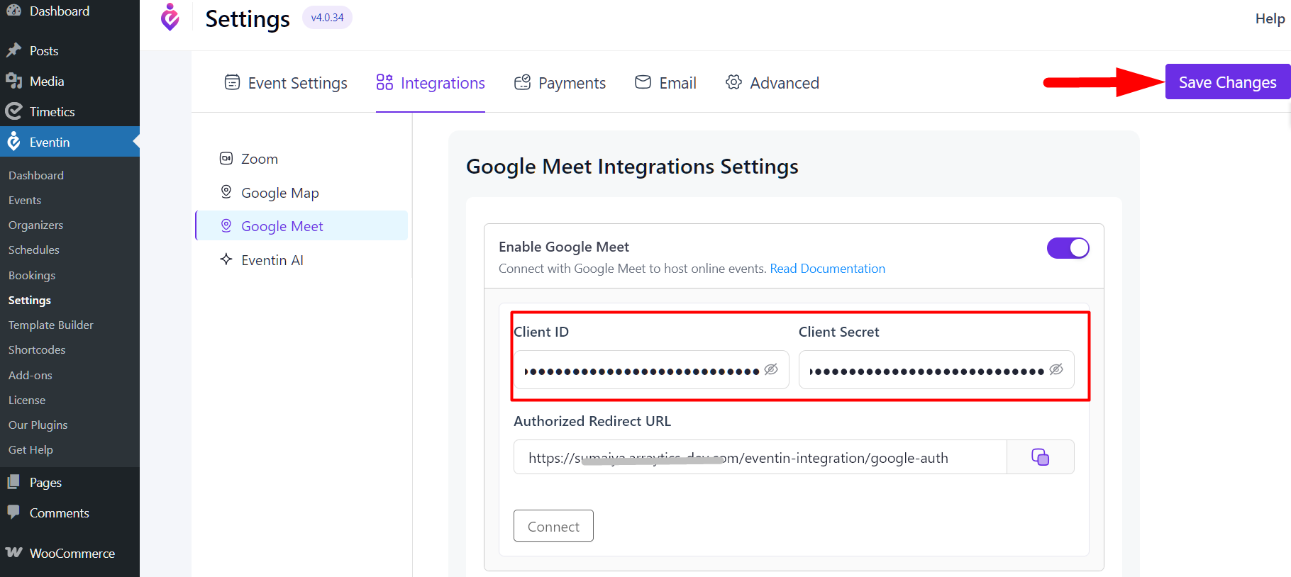 Paste credentials into Eventin event manager plugin settings
