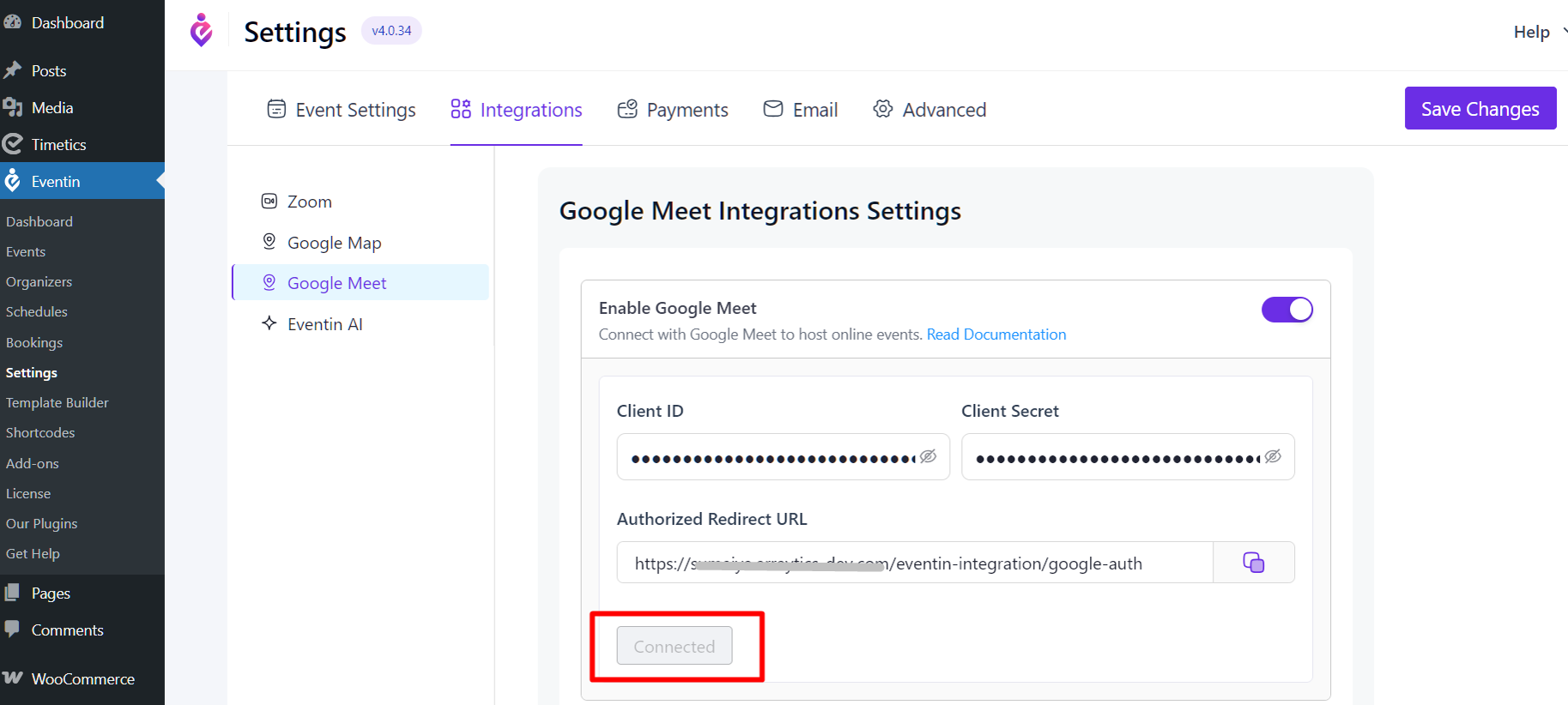 Connect Google account to Eventin event scheduling system