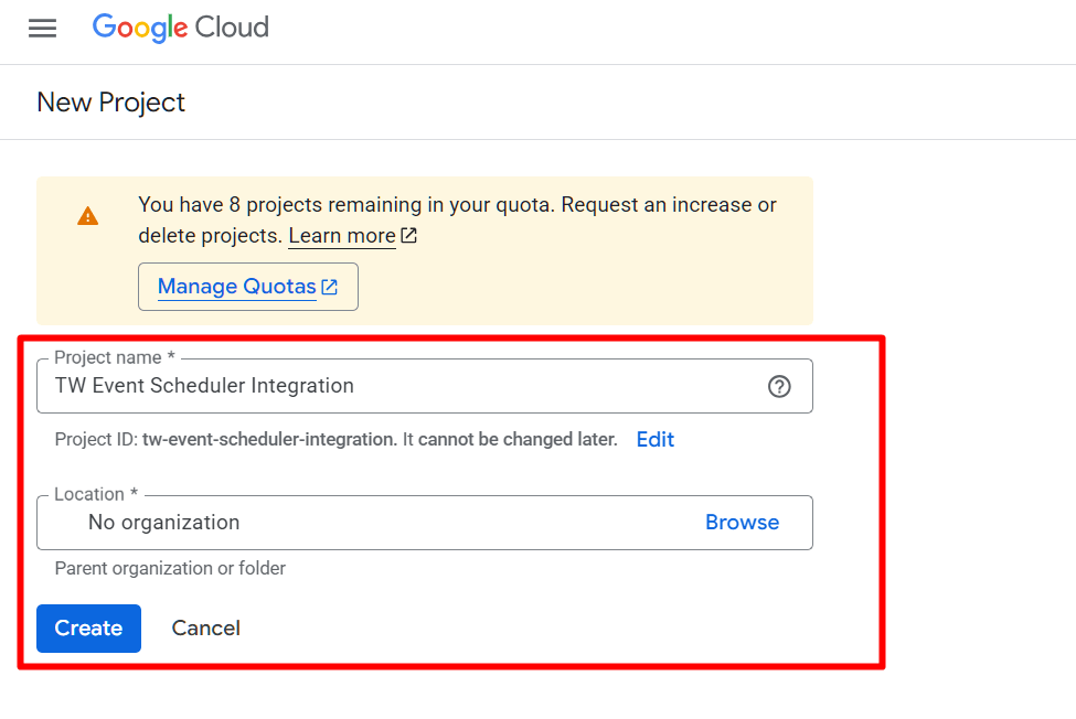 : Enter project name to configure Google Calendar for Eventin event manager