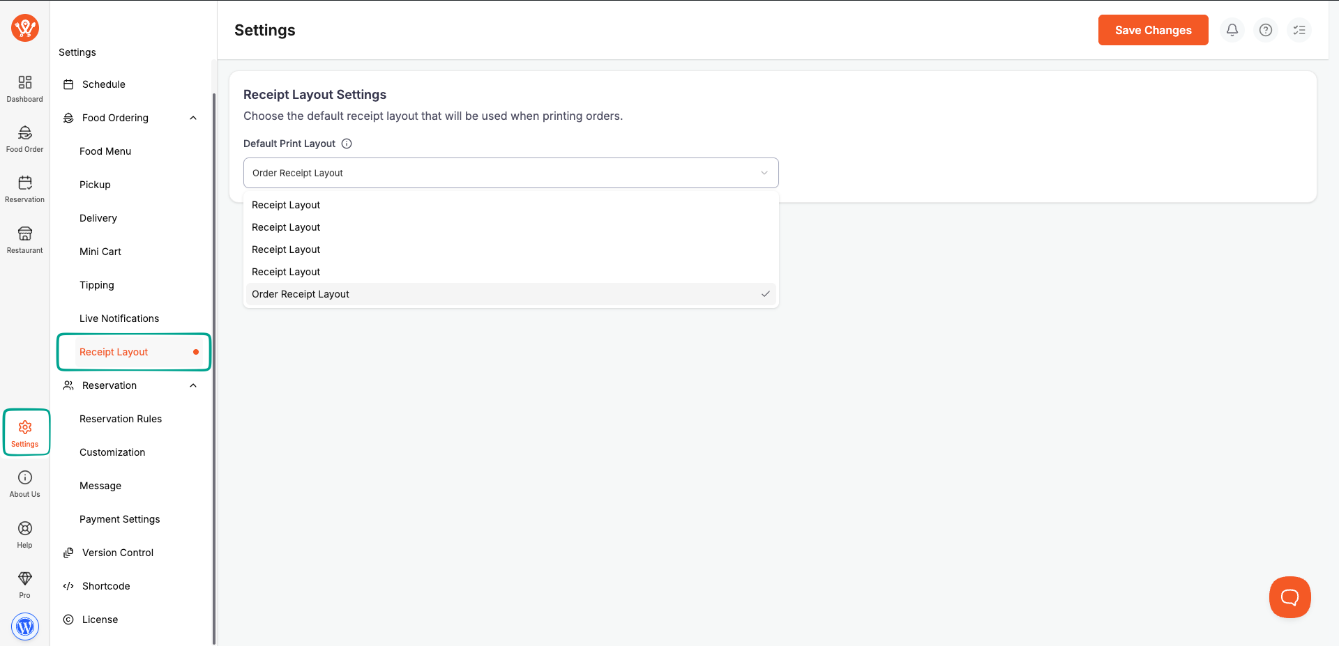 [SCREENSHOT: WPCafe Settings page, Receipt Layout section with default layout dropdown]