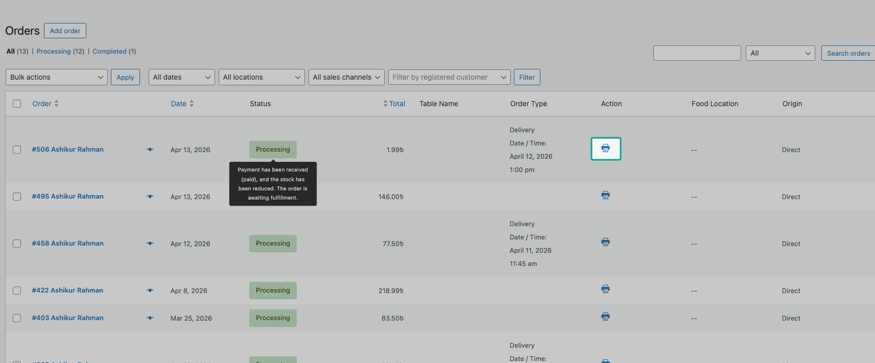 [SCREENSHOT: Woocommerce order page, Receipt print button]