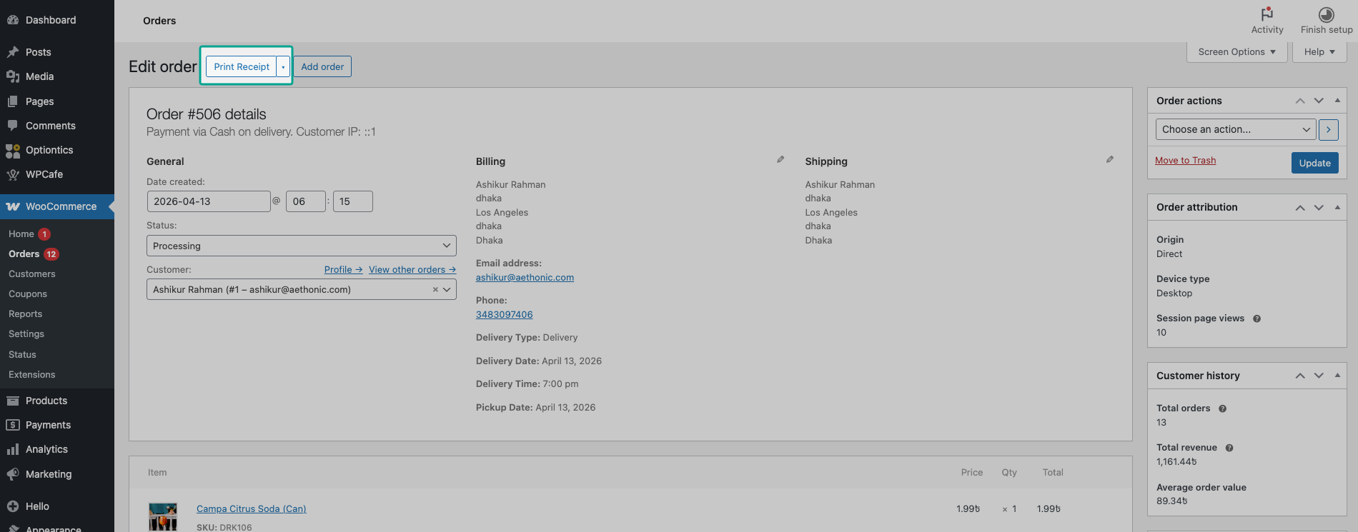 [SCREENSHOT: Woocommerce order page, Receipt print button]