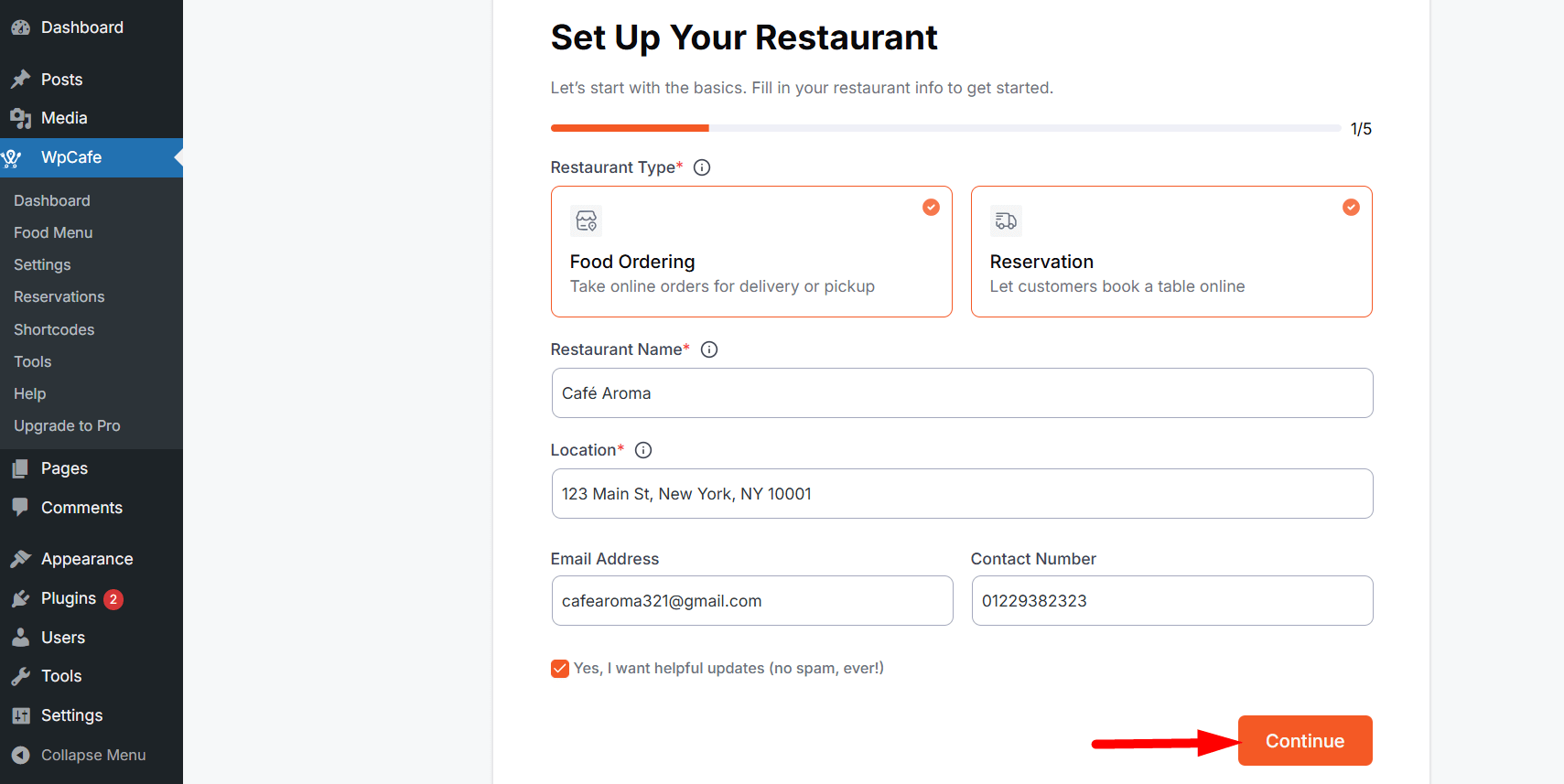 WP Cafe onboarding restaurant setup form