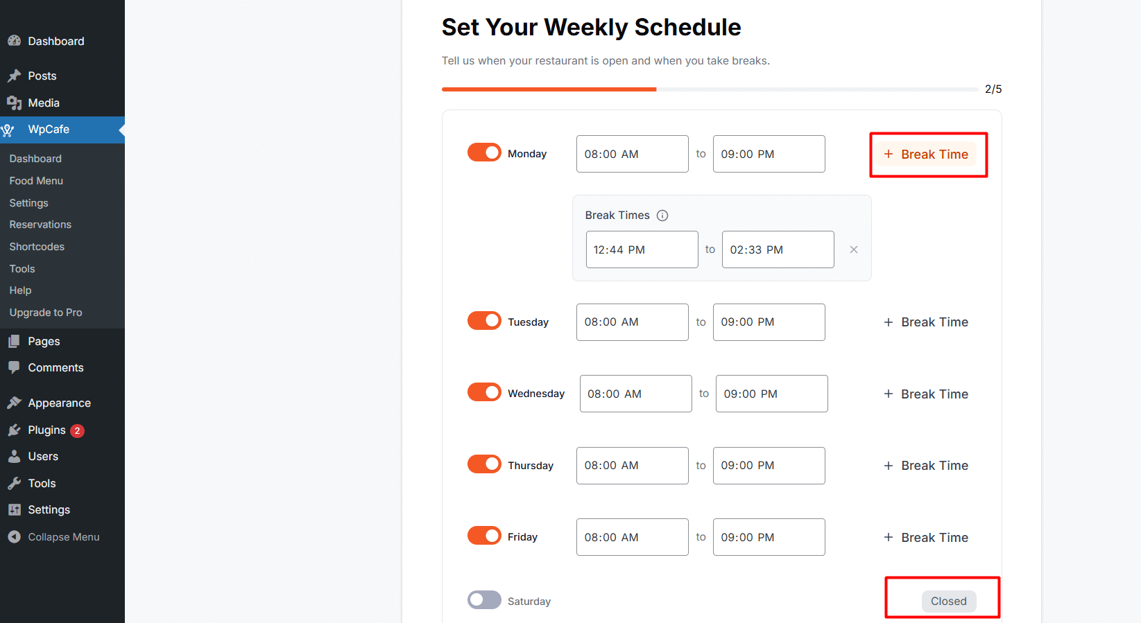 WP Cafe onboarding weekly schedule setup