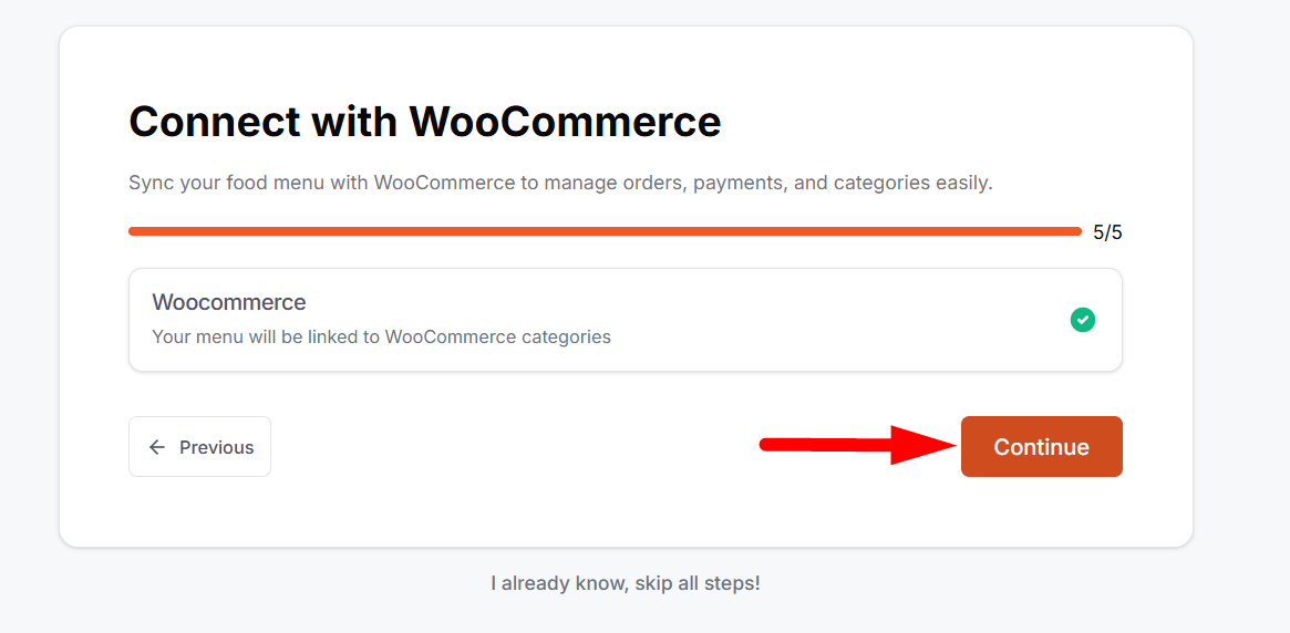 WP Cafe onboarding WooCommerce integration setup