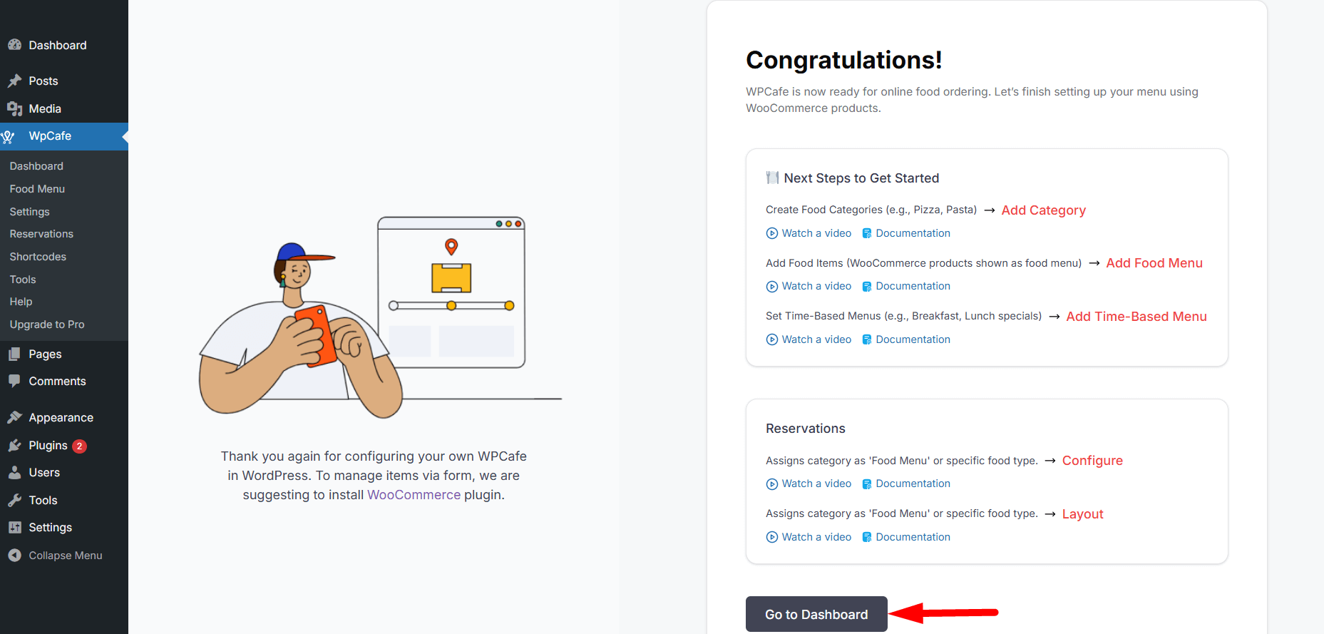 WP Cafe onboarding successfully connected confirmation screen with WooCommerce integration message