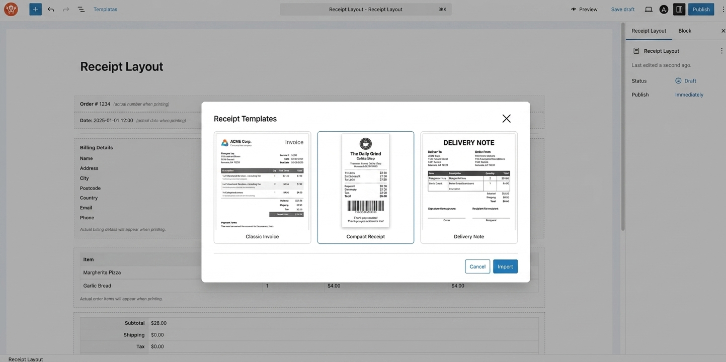 [SCREENSHOT: Template selection modal showing available premade receipt templates]