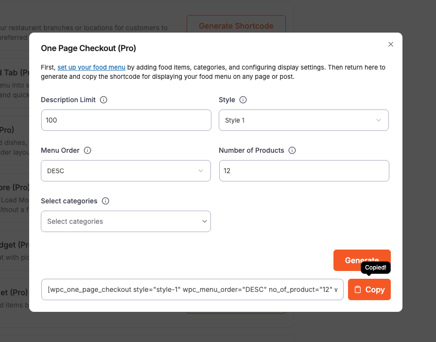 [Screenshot 2: generating the shortcode for one page checkout]