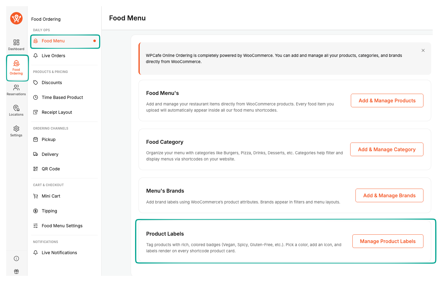 WPCafe menu for adding product label