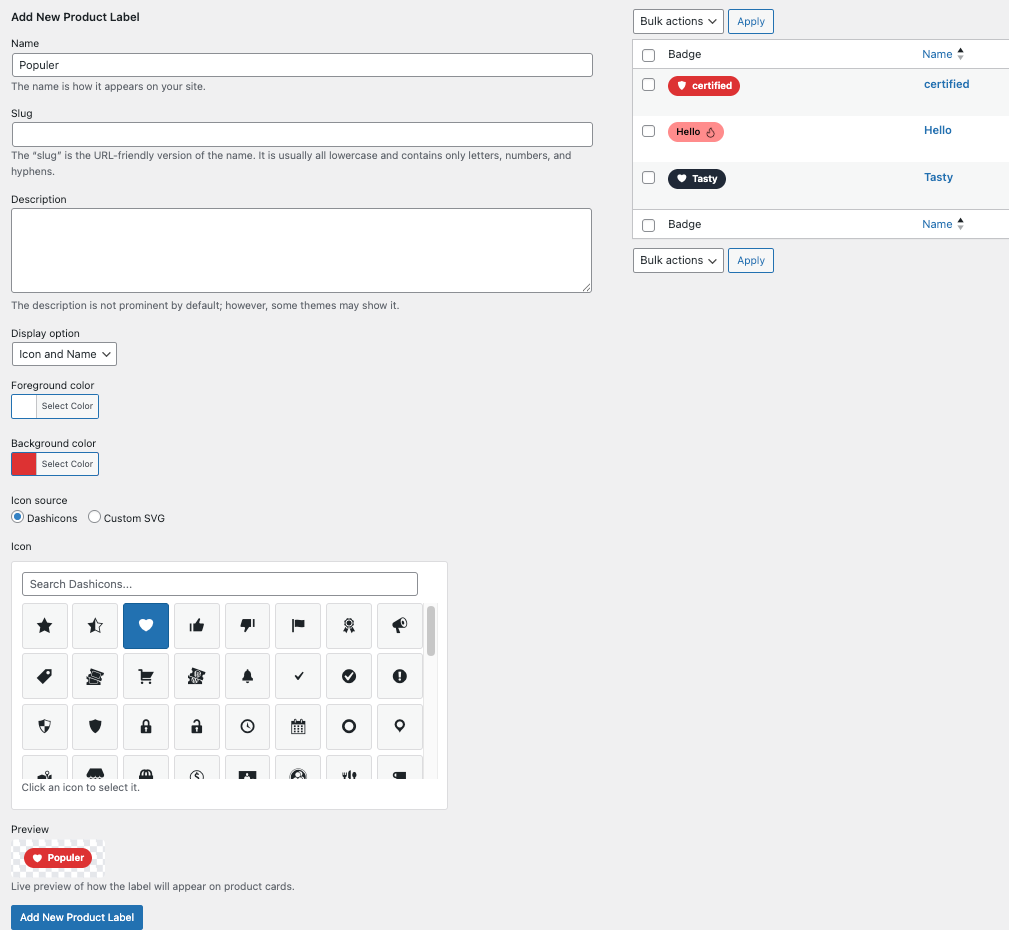 Create a Label in wp cafe
