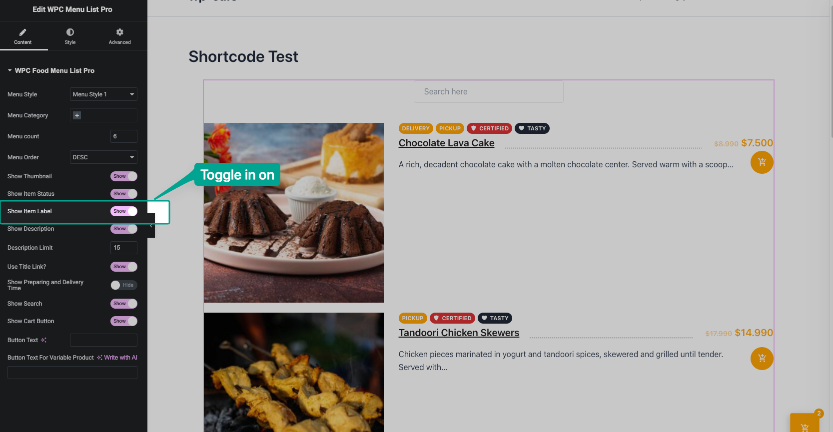 Elementor widget settings panel with the Show Product Labels switcher set to Yes