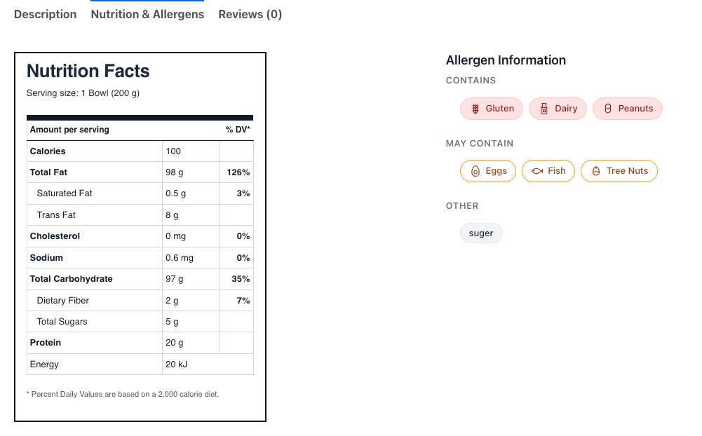 Product Nutritional and Allergen Info in WP Cafe