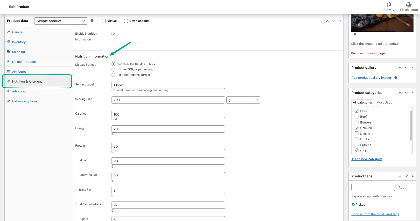 WooCommerce Product Data box with the Nutrition and Allergens tab highlighted