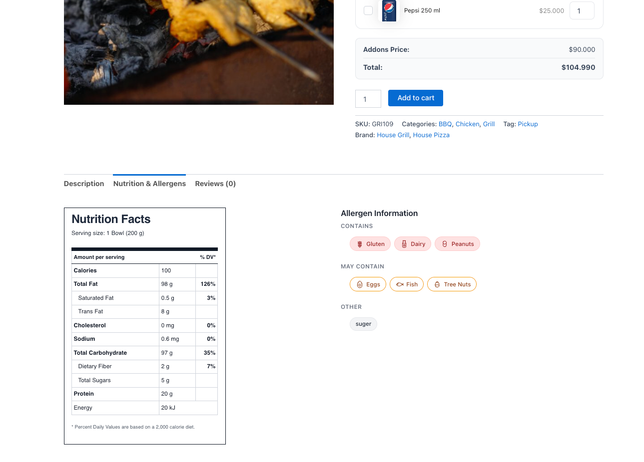 WooCommerce Product with the Nutrition and Allergens data save and preview