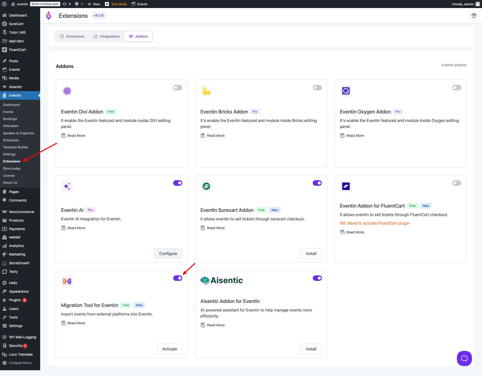 Eventin extension page