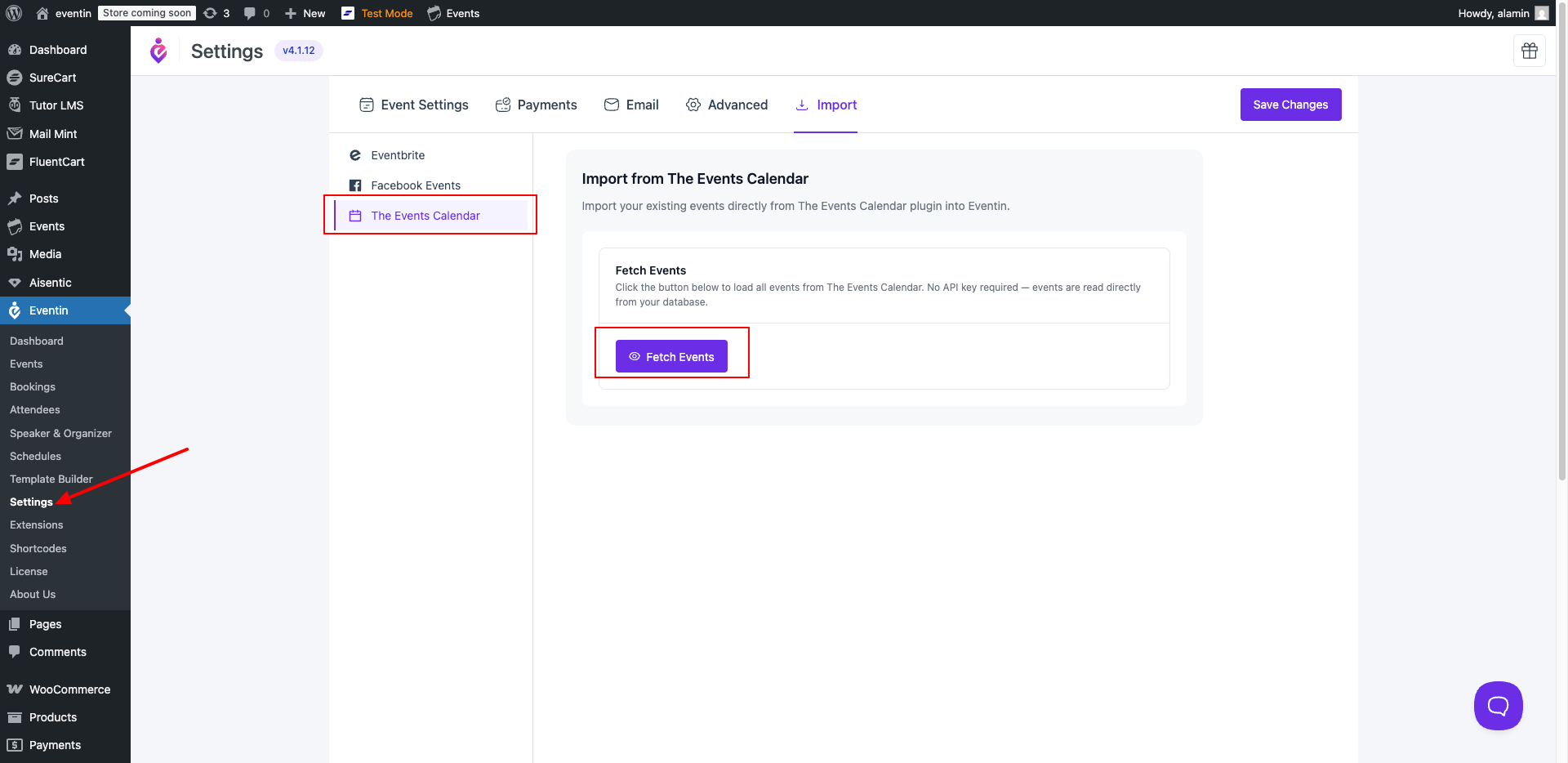Eventin settings import page