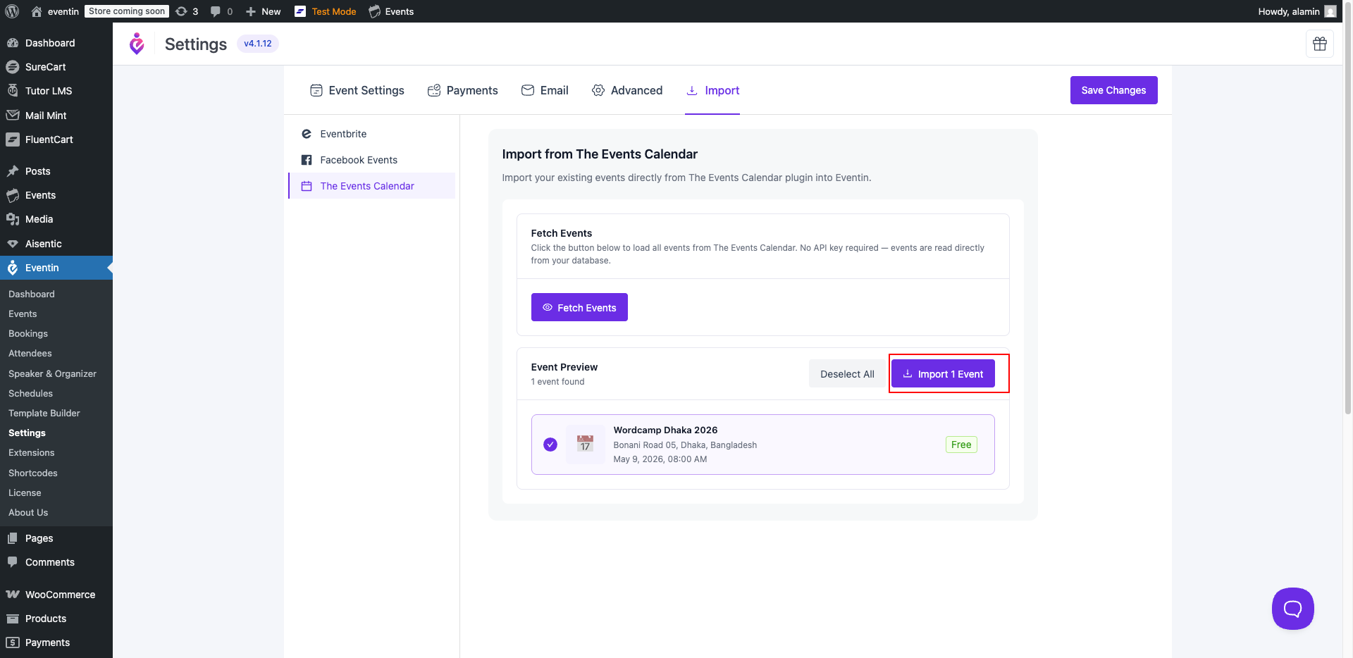 Eventin settings import page