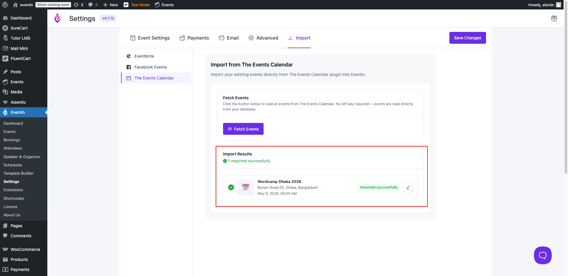 Eventin settings import page