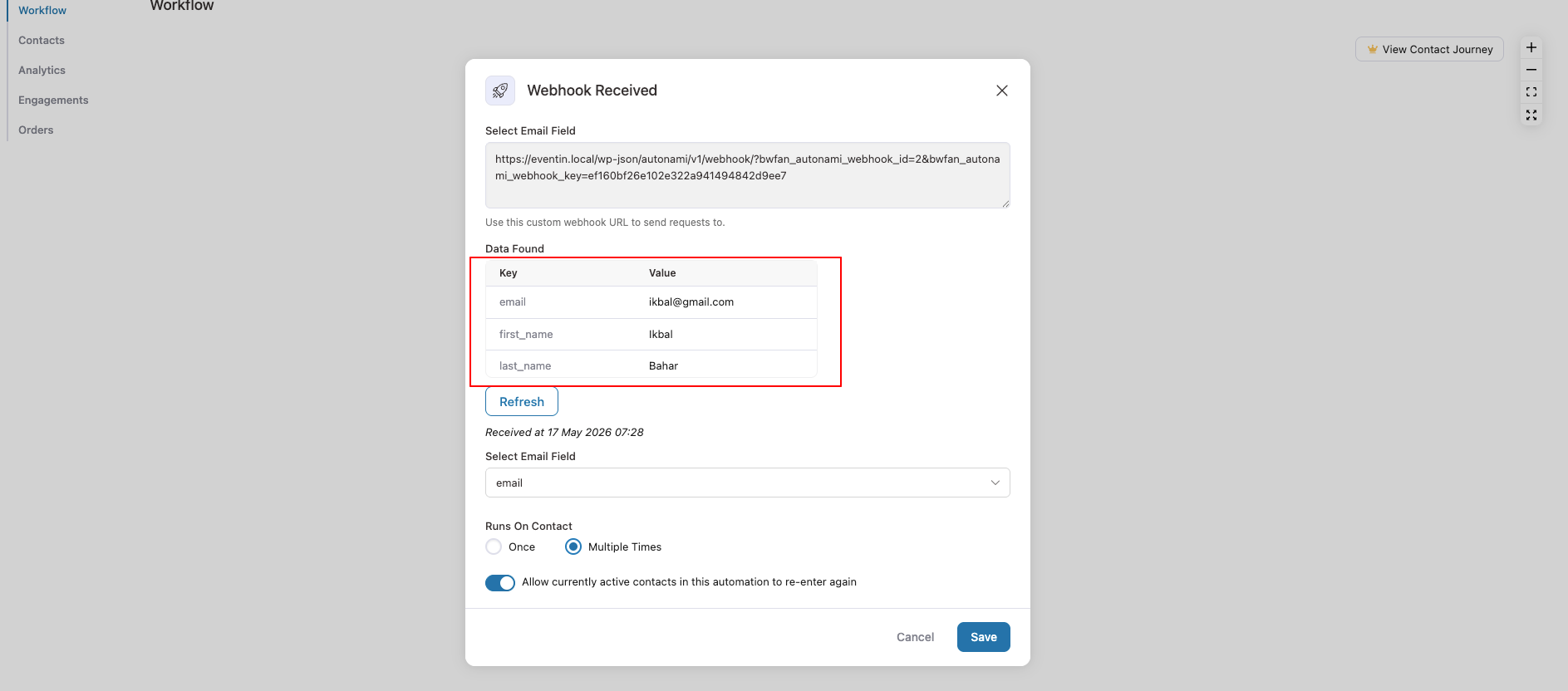 FunnelKit webhook modal