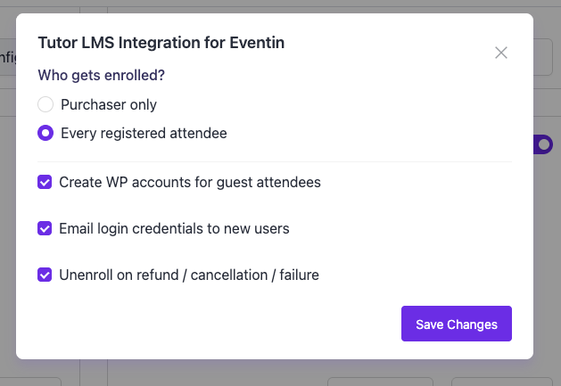 Tutor LMS integration for Eventin settings modal