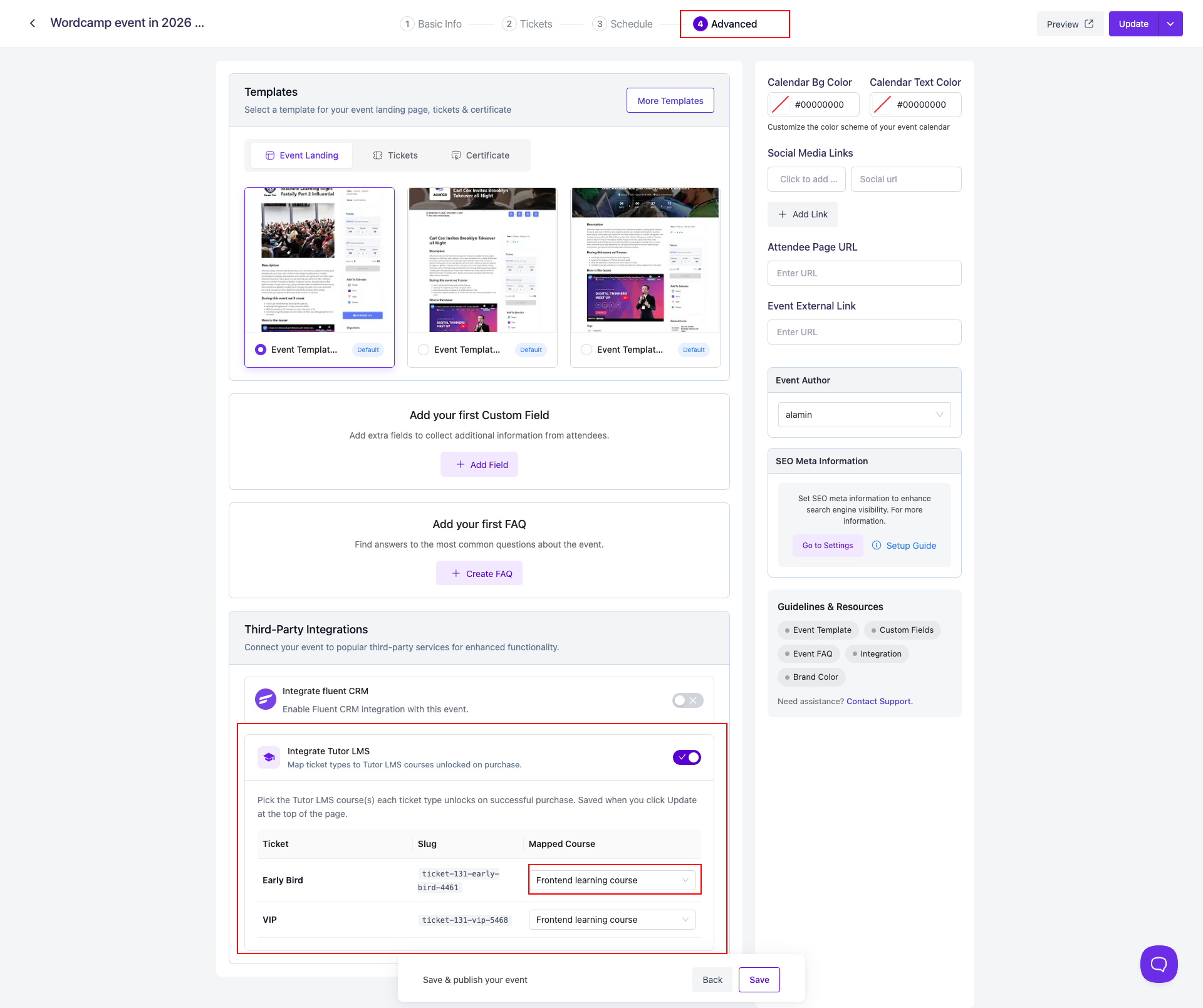 Event creation advanced tab
