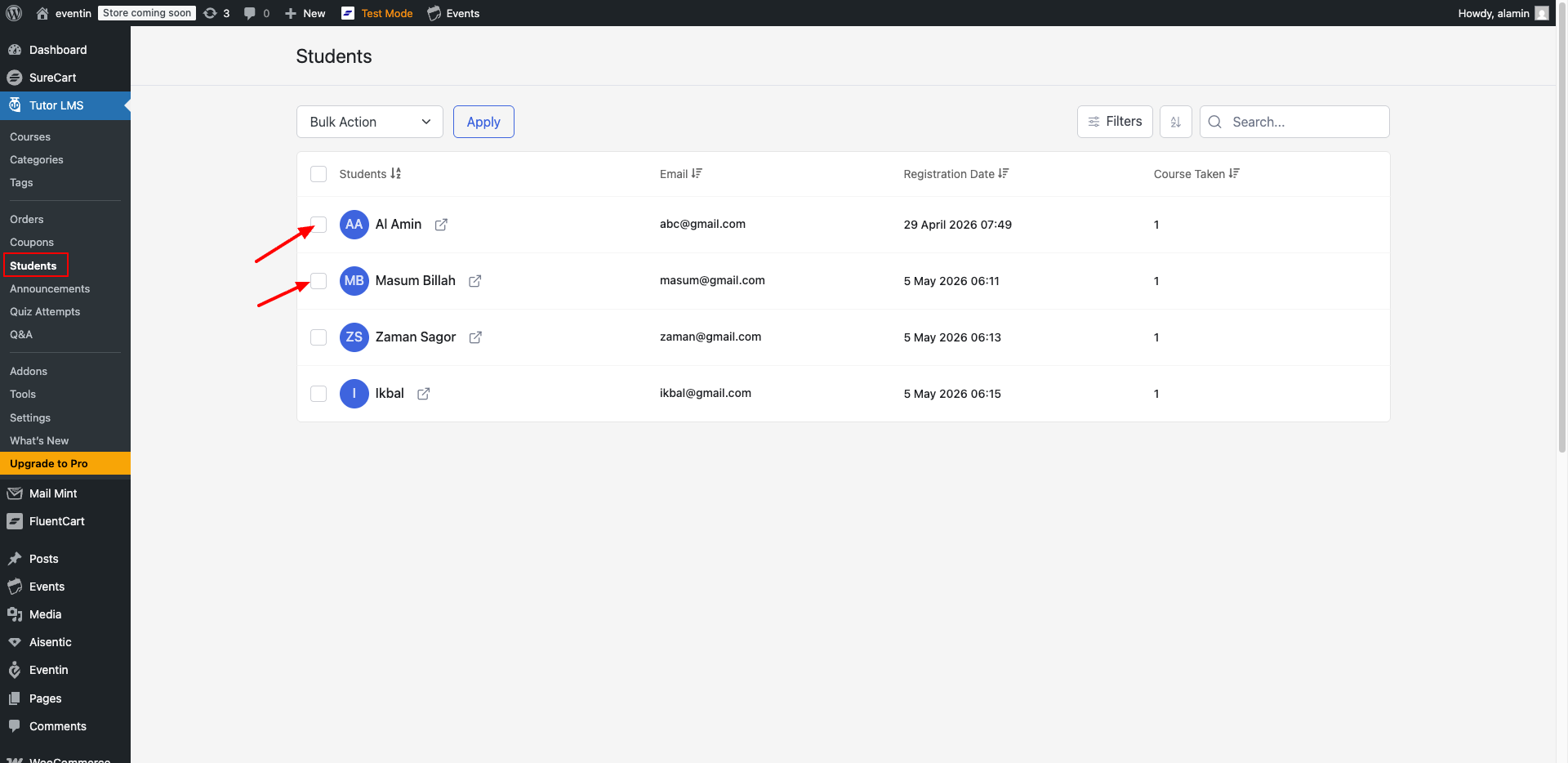 Tutor LMS studens page